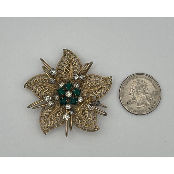 Vintage Gold Tone Brooch Pendant Star Flower Green and Clear Rhinestones 2" - Picture 10 of 11